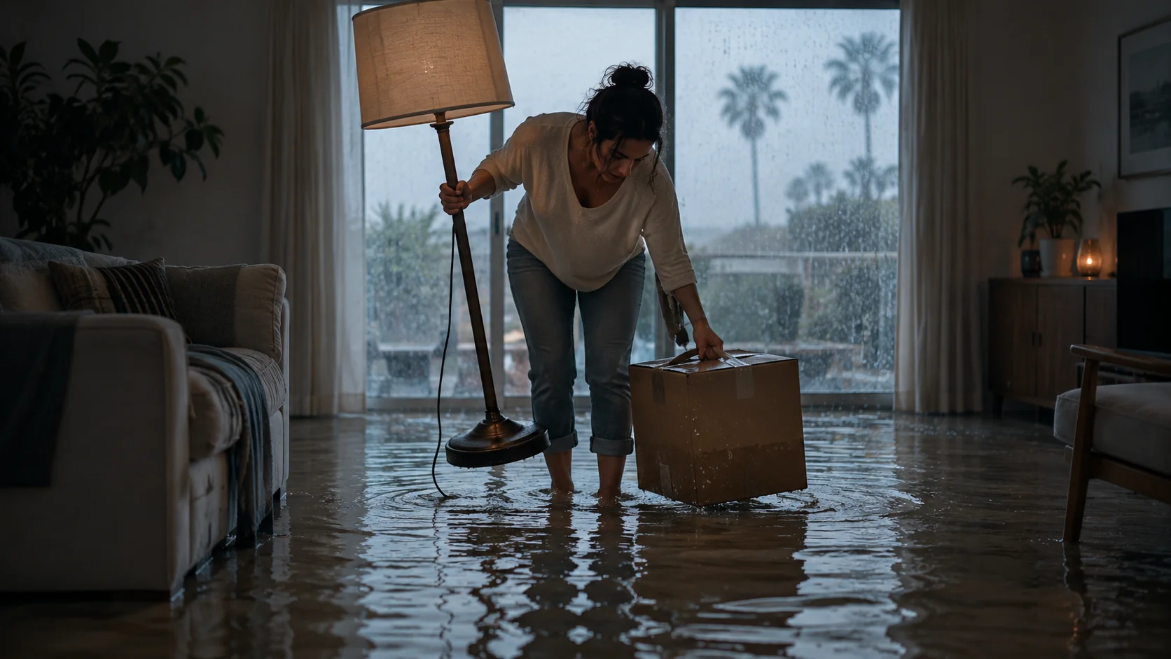 Homeowner lifting a floor lamp and box off a living room floor covered in a thin sheet of water