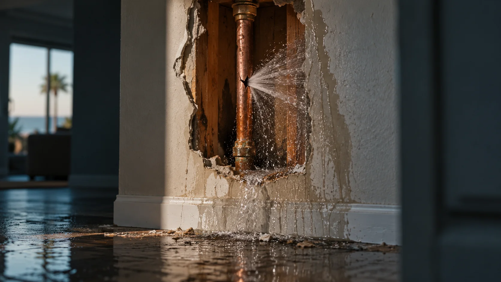 Split copper pipe in a wall opening spraying water in a fan down the drywall