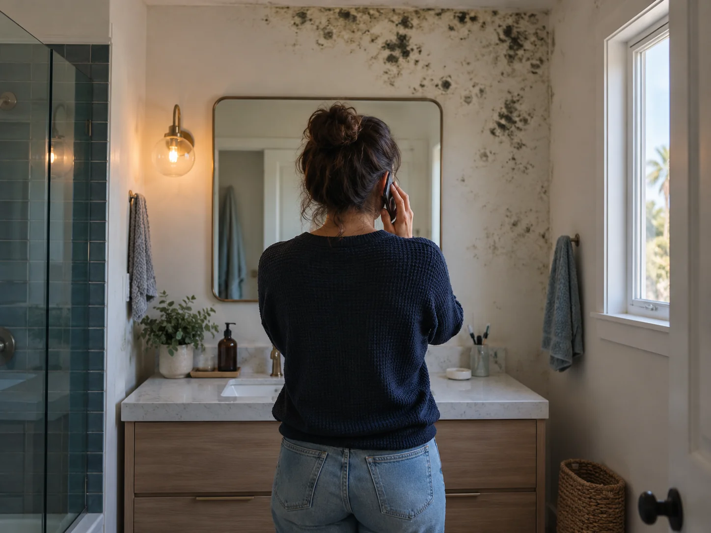 Homeowner on the phone looking at mold spots on a wall above a bathroom vanity
