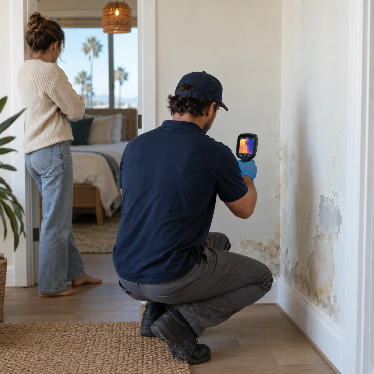 Technician inspecting a water-damaged wall with a thermal camera as the homeowner waits in the doorway