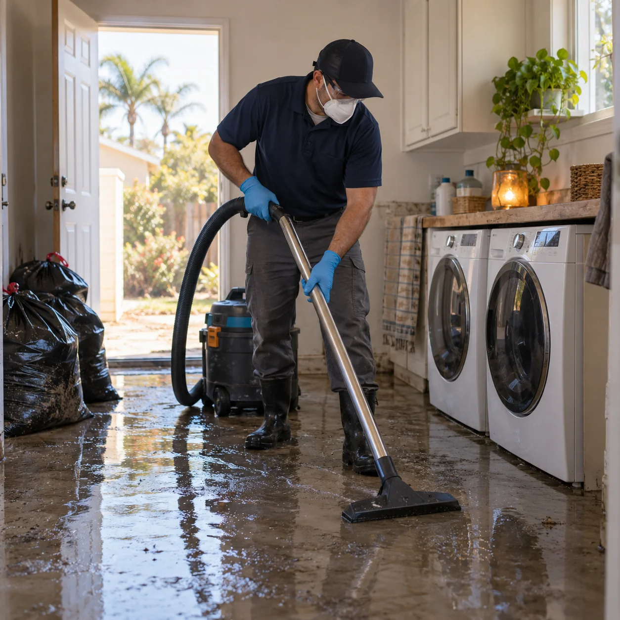 Technician in full protective gear extracting contaminated water with a wet-vac wand in a laundry room